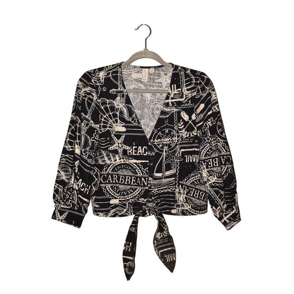 JOIE‎ $278 Navy Nautical Print Tie Front Button Down Linen Jacket Small - Picture 1 of 3